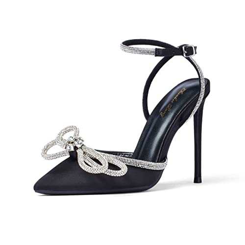 Zhabtuc Womens Rhinestone Bowknot High Heels Sexy Pointed Closed Toe Bow Satin Stiletto Court Shoes Elegant Buckles Ankle Strap Backless Slingback Bridal Wedding Dress Heeled Sandals UK Size 3.5-8.5