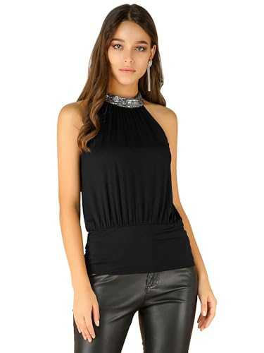 Allegra K Women's Night Out Party Blouse Sleeveless Sequin Halter Neck Tank Top