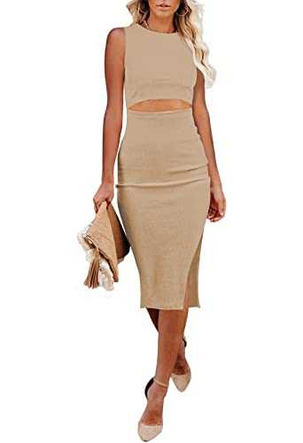 Women's Summer Bodycon Midi Long Dress Casual Crew Neck Side Slit Sleeveless Knit Cut Out Tank Top Dresses