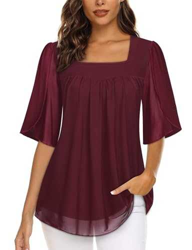 Flikity Ladies Tops Blouses for Women Square Neck Tops Ruffle Half Sleeve Pleats Tunic Tops Flowy Chiffon Tops Double Layers Mesh Shirts Elegant Tops S-XXXL