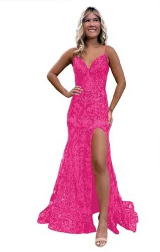 RUMUGUYA Mermaid Sparkly Sequin Prom Dress with Slit for Women 2024 Spaghetti Straps Tulle Evening Formal Gown