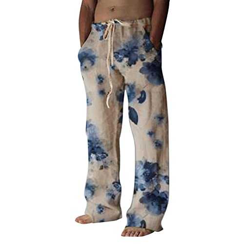 HELLORSOON Men's Cotton Linen Trousers,Men Yoga Pants Mens Linen Trousers Elasticated Waist Summer Lightweight Elasticated Waist Drawstring Summer Beach Pant Jogging Bottoms Men Jogging Yoga Trouser