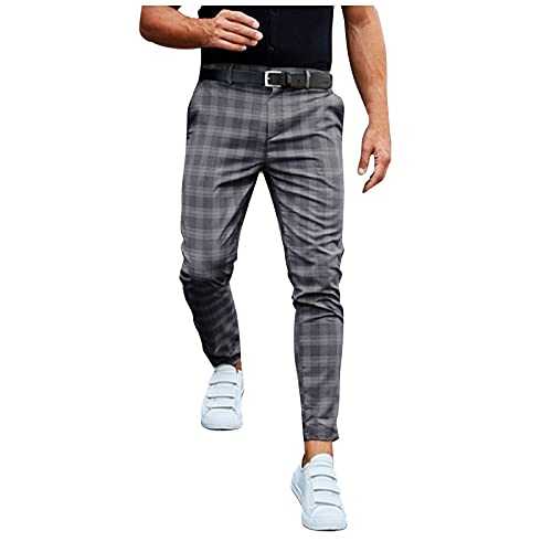 Cenlang Mens Chinos Stretch Skinny Slim Fit Jeans Casual Work Business Trousers Classic Plaid Checked Pants
