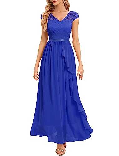 Gardenwed Women's V-Neck Short Sleeves Empire Waist Elegant Chiffon Long Evening Dresses Party Swing Teen Dress Cocktail Dress for Prom Wedding Bridesmaid