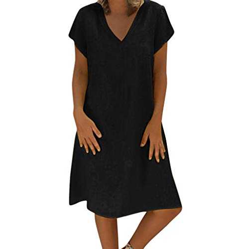 Smmer Womens Comfy Solid Cotton Short Sleeve V Neck Midi Dress Womens Fashion Knee-Length Plus Size Dresses Womens Stylish Feminino Vestido Dress Womens Beach Sundress Dress for Women