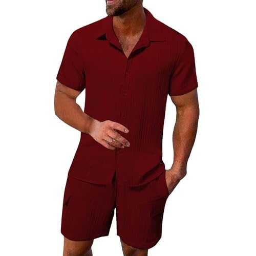 Mens Summer Outfits 2 Piece Set Shorts And T Shirts Cotton Linen Suit Mens Beach Wear Set Breathable Holiday Outfit Co-Ord Athletic Sets Summer Vacation Outfits Comfy Wedding Suits For Bridegroom