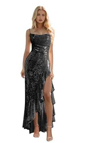 HTBVGO Sparkly Sequin Prom Dress for Women Long Ruffles Mermaid Evening Formal Dresses with Slit