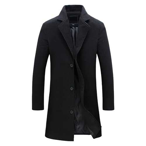 JEKE-DG Mens Wool Blend Trench Coat Mid-Length Single Breasted Wool Blend Coat Stylish Business Pea Overcoat
