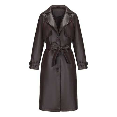 Faux Leather Jacket Womens Long Jacket PU Leather Trench Coat with Belt Stand Collar Button Solid Casual Windproof Jacket with Pocket Winter Warm Motorbiker Jacket