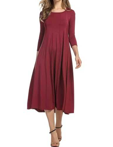 Women's Elegant Tunic Dress - Round Neck Casual 3/4 Sleeve A-Line Classic Midi With Pockets