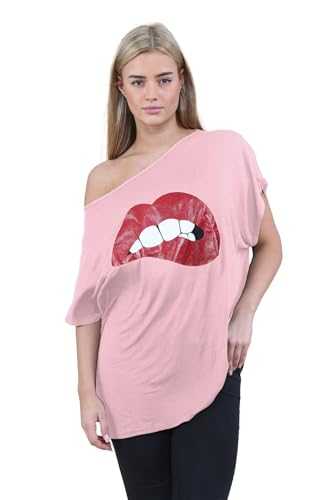 janisramone® Off The Shoulder Tops for Women, Batwing Sleeve Bardot Baggy Lagenlook Ladies Tops Slogan Printed Oversized T Shirt for Women - Summer Tops for Women UK