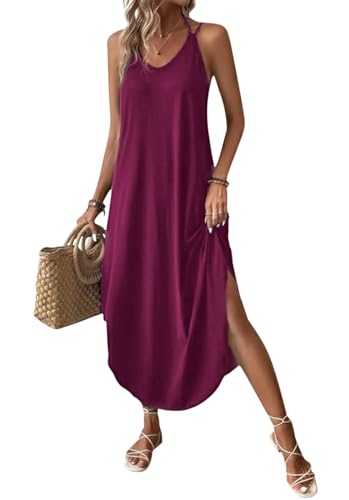 Chicrise Women Dresses Summer V-Neck Maxi Dress Sleeveless Loose Long Flowy Sundress Split Casual