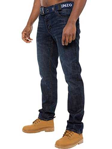 New ENZO Designer Mens Straight Leg Jeans Regular Fit Denim Free Belt King Sizes