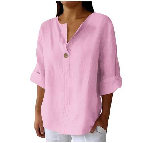 Summer Cotton Linen Shirts for Women UK Casual 3/4 Sleeve Button Down V Neck Tops Dressy Trendy Solid Color Blouse Comfy Lightweight Loose Fit T-Shirt 2025 Fashion Baggy Tunic Shirt