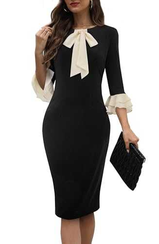 HOMEYEE Women's Elegant Tie Neck 3/4 Sleeve Bodycon Cocktail Evening Midi Pencil Dress B800