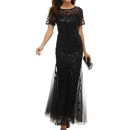 Jdlsppl Women's Floor Length Sequin Dress Formal Bateau Neck Short Sleeve Evening Party Prom Glitter Mermaid Tulle Dress
