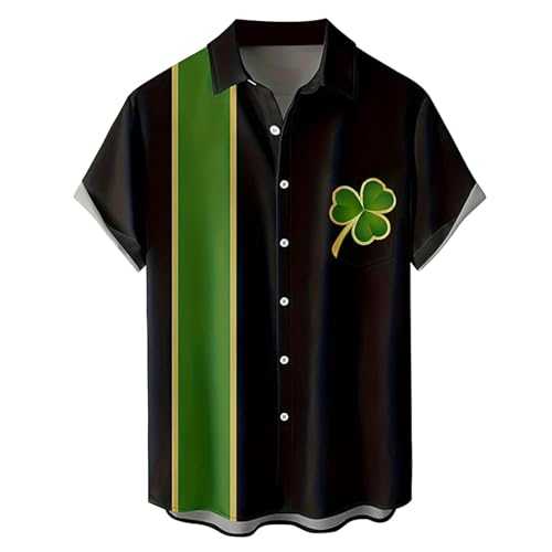 Mens St. Patrick's Day Shirts Retro Green Irish Hawaiian Shirts Clover Shamrock Printed Vintage Bowling Shirts Ireland Pride Tee Shirt Lucky Beach Shirts Regular Fit Summer Tops UK Size