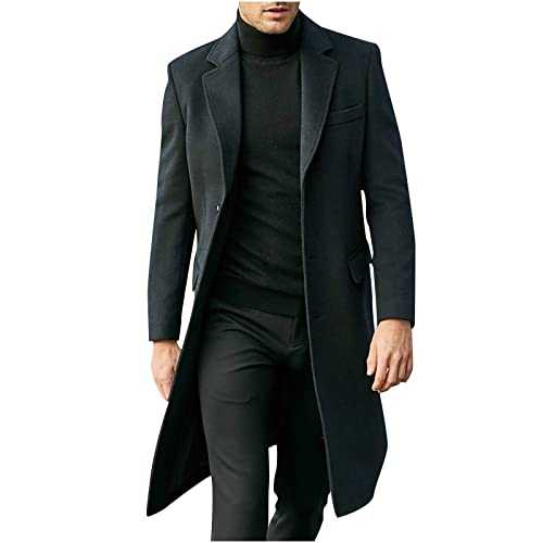 Trench Coat for Men UK,Regular Fit Full Length Outwear,Notched Collar Single Breasted Wool Blend Peacoat Jackets,Formal Business Long Jackets,Windbreaker Winter Warm Outerwear Overcoat Clearance