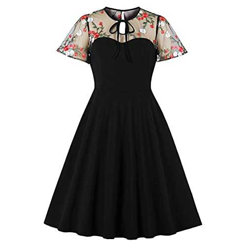 Wellwits Women's Mesh Illusion Sweetheart Vintage Swing Formal Cocktail Dress