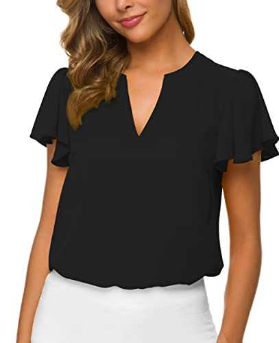 ACONIYA Women’s Casual Ruffled V Neck Chiffon Summer Blouse Short Sleeve Office Work Elegant Shirt Vintage Basic Tops