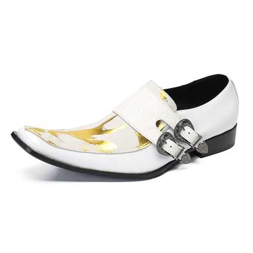 MANYUBEI Mens Dress Shoes, White Stitching Printing Loafers Plus Size Buckle Genuine Leather Slip on Casual Business Low Top Square Toe Suit Shoes