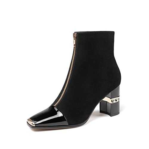 JIMISHOW Ankle Booties Block Heeled Winter Autumn Suede Short Boots For Women Chunky High Heel Square Toe Front Zipper Boots
