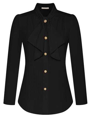 Belle Poque Women's Long Sleeve Button Down Shirts Vintage Bow Tie Textured Shirt Blouse Office Work Shirt Top