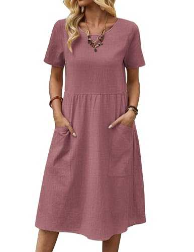 Zeagoo Summer Dress Women's Linen Dresses Casual Short Sleeve Dress Round Neck Beach Dress Plain Casual Dress with Pockets S-XXL