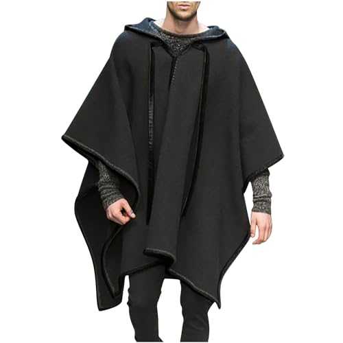 Men's Hooded Poncho UK Casual Wool-Blend Poncho Cloak Warm Hooded Cloak Irregular Hem Hoodie Solid Color Loose Bat Sleeves Shawl Wraps Woolen Poncho Pullover Fashion Streetwear Plus Size S-3XL
