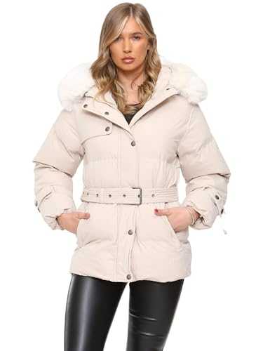 kraftd Womens Puffer Jacket Ladies Belted Padded Winter Coat With Faux Fur Hood