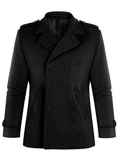 Mens Classic Pea Coat Double Breasted Wool Blend Notched Lapel Trench Coat Regular Fit Winter Warm Casual Overcoat