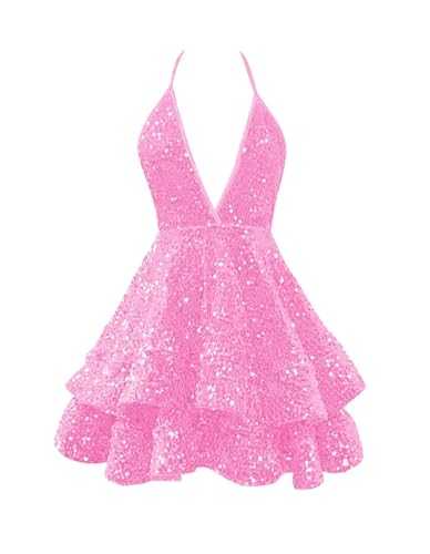 Sequin Short Prom Dresses for Teens 2023 Sparkly Sexy Spaghetti Strap Homecoming Dresses Halter Cocktail Party Dress