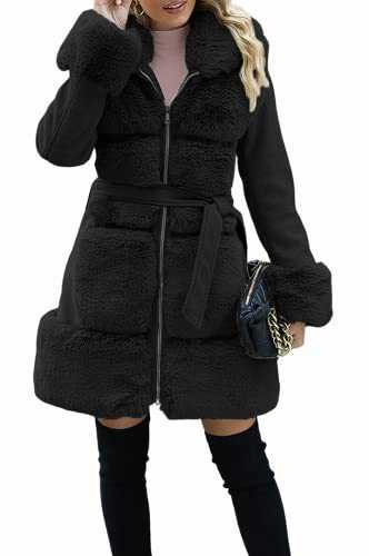 Giolshon Women's Long Belted Trench Coat Thicken Fleece Parka Faux Leather and Faux Wool Blend Outwear