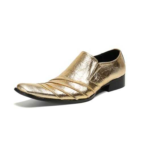 Men's Leather Shoes, Gold Loafers Genuine Leather Large Size Low Top Square Toe Slip-Ons Breathable Casual for Nightclub, Host Shoes