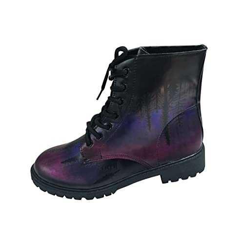 YAOJIWANG Retro Ankle Boots for Womens UK Halloween Cool Skull Combat Boots Classic Round Toe Lace Up Chunky Low Heel Ankle Booties Casual Comfy Outdoor Non-slip Leather Shoes Boots Gifts for Her,Him