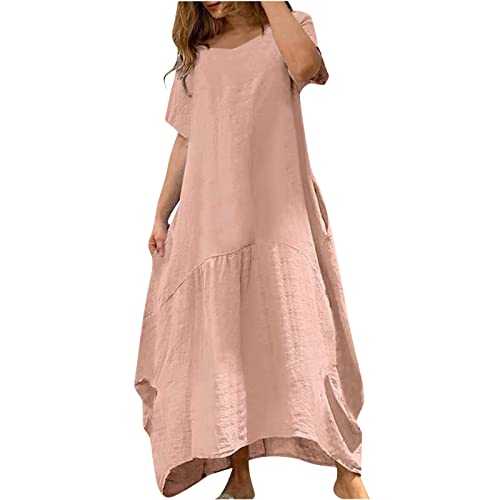 FunAloe Summer Dresses for Women UK Plus Size Midi Dress Women Cotton Linen Dress UK Sale Short Sleeve Crewneck Dress Women Elegant Loose Half Sleeve Plain Dress Mid-Sleeve -Color Down and Dress