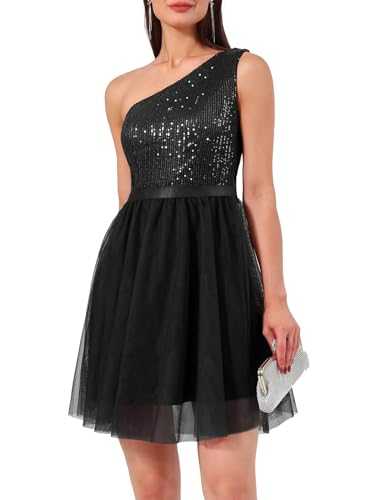 Berylove Womens Sequin Dress Sparkly Glitter Cocktail Dress One Shoulder Dress Mini Dress Wedding Guest Dress Tulle Dress
