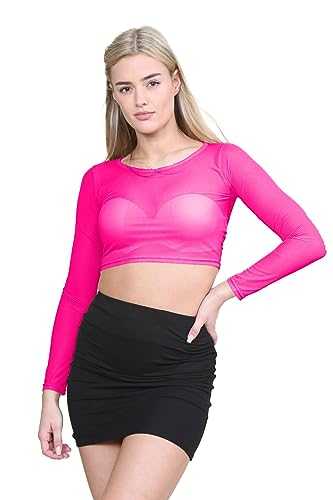 janisramone Womens Sheer Mesh Crop Top Ladies See Through Long Sleeve T-Shirt Crew Neck Blouse Party Top