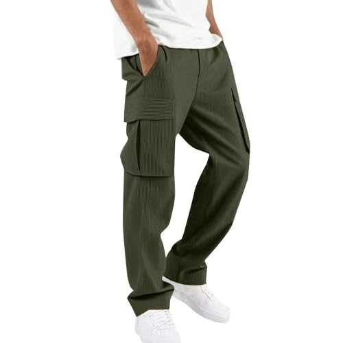 Corduroy Trousers for Men UK, Cargo Joggers with Elasticated Waist, Classic Tracksuit Bottoms Men Wide Leg, Relaxed Fit Drawstring Trousers with Knee Pockets, Casual Mens Activewear Cargo Sweatpants
