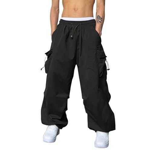 Men's Baggy Cargo Pants Tracksuit Bottoms Gym Sports Trousers Casual Parachute Pants Elasticated Waist Drawstring Loose Fit Classic-Fit Harem Joggers with Pockets for Streetwear