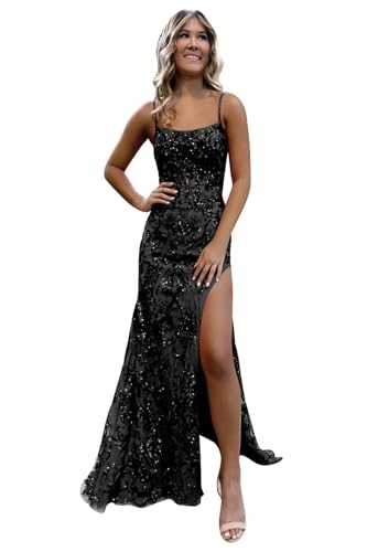 DIYFU Sparkly Sequin Mermaid Prom Dress Spaghetti Straps Formal Evening Dress with Slit