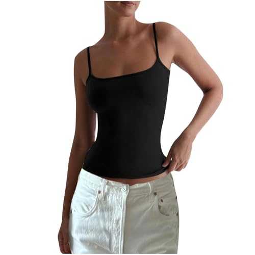 Vest Tops Women UK Skinny Slim Fit Sleeveless Top Black Square Collar Spaghetti Straps Ladies Vest Tops Solid Plain Basic Sexy Tank Top Fashion Y2K Women's Camisoles & Vests Skims Top