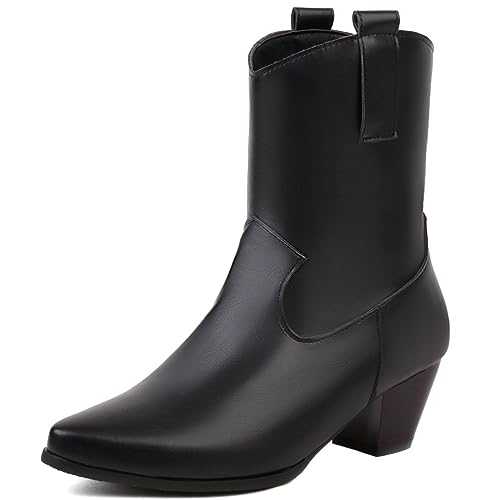 Mo Joc Women Fashion Slip-On Western Ankle Boots with Pointed Toe and Block Heels