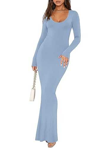 REORIA Women's Sexy Scoop Neck Long Sleeve Lounge Long Dress Ribbed Bodycon Maxi Dresses