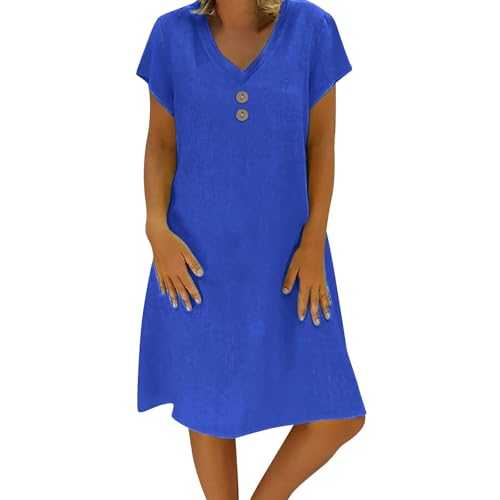 Nuaoxyeu Women's Summer Linen Dresses Casual Boho Midi Dress Short Sleeve Beach Tunic Dresses Lightweight Holiday Vacation Outfits Solid Elegant A Line Swing Beach Wear Clothes