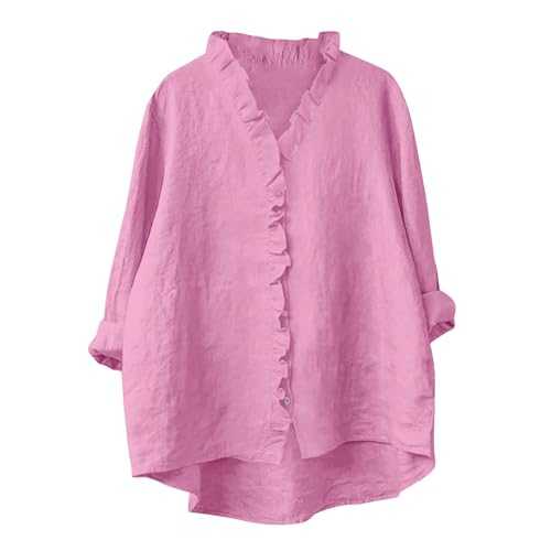 Women's Blouses & Shirts UK Sale Summer Cotton Linen Button Blouse Causal V Neck 3/4 Sleeve T-Shirt for Women Vintage Solid Color Shirt Elegant Smart Ladies Tops Oversized T-Shirts S-XXL