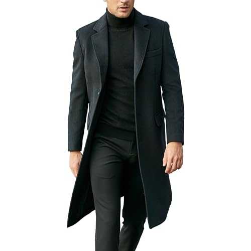 Tiwate Men's Herringbone Wool Blend Long Overcoat Mid-Length Single Breasted Pea Coat Notched Collar Single Breasted Top Coat