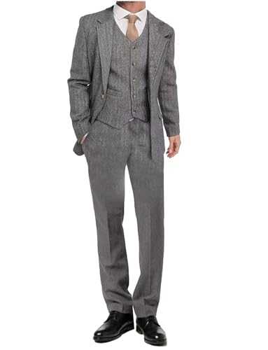 Ulnomio Men's Herringbone Suit for 3 Pieces Groom Dress Tuxedos Prom Single Breasted Jacket Vest Pants