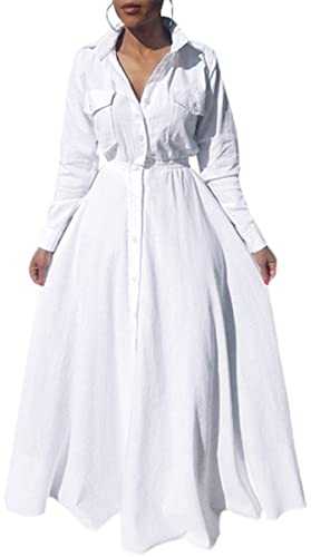 Bodycon4U Women's Pleated Long Sleeve Party Cocktail Long Maxi Button Down White Shirt A-line Dress Plus Size with Pockets