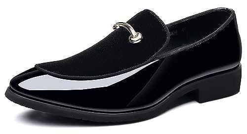 Men Formal Business Oxford Shoes Casual Slip-on Pointed Toe Metal Button Textured Patent Leather Loafers Low-top Platform Non-Slip Walking Loafers